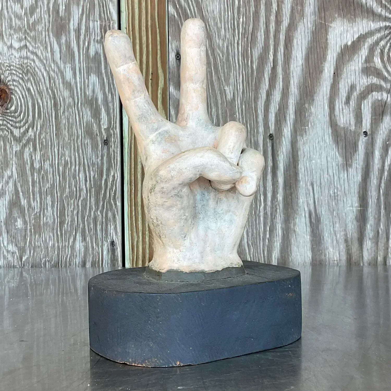 Vintage Boho Matte Ceramic Hand on Wooden Plinth — additional photo 2