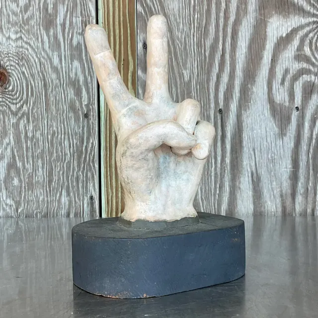 Vintage Boho Matte Ceramic Hand on Wooden Plinth — additional photo 2