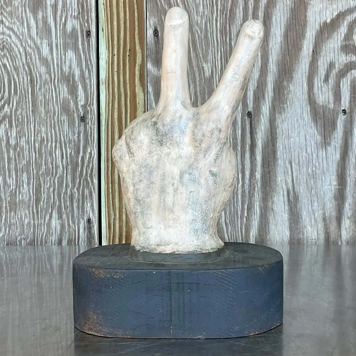 Vintage Boho Matte Ceramic Hand on Wooden Plinth — additional photo 3