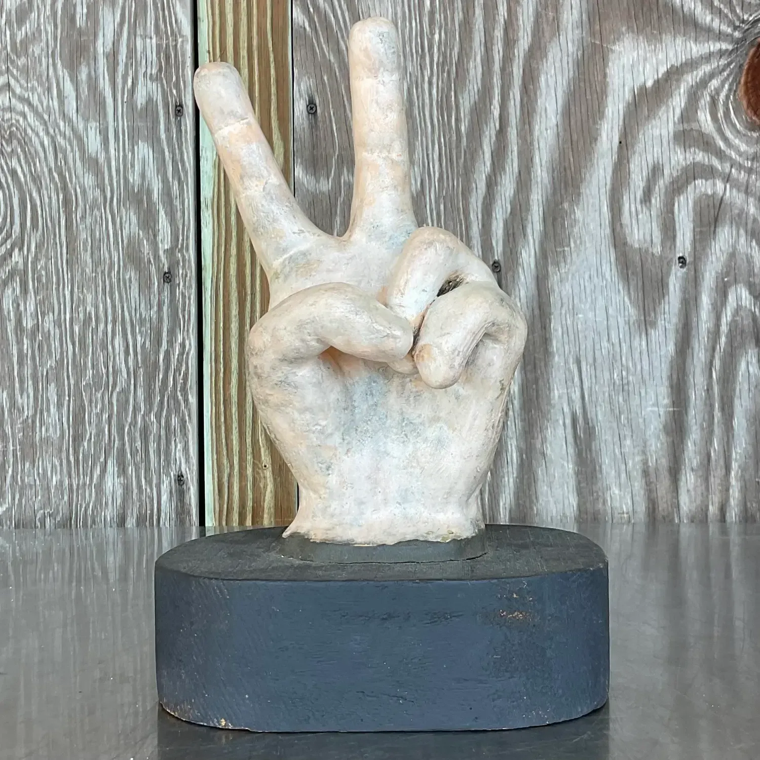 Vintage Boho Matte Ceramic Hand on Wooden Plinth — additional photo 4