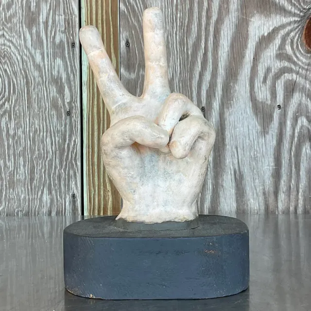 Vintage Boho Matte Ceramic Hand on Wooden Plinth — additional photo 4