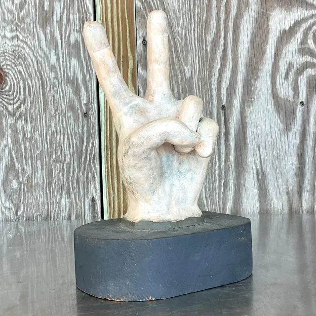 Vintage Boho Matte Ceramic Hand on Wooden Plinth — additional photo 6