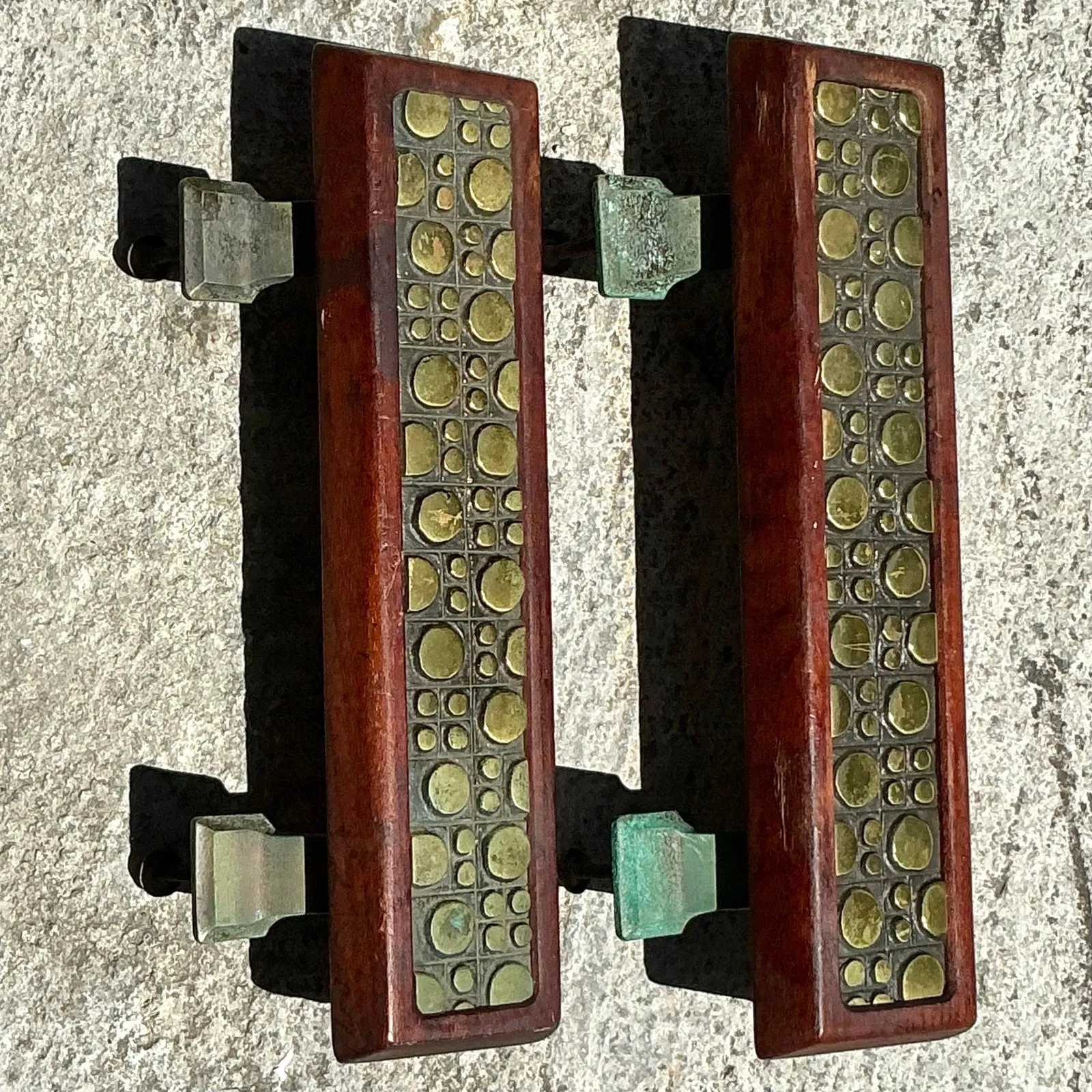Vintage Boho Mid-Century Modern Patinated Abstract Geometric Door Pulls - a Pr — additional photo 1