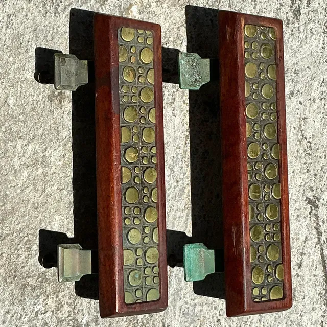 Vintage Boho Mid-Century Modern Patinated Abstract Geometric Door Pulls - a Pr — additional photo 1