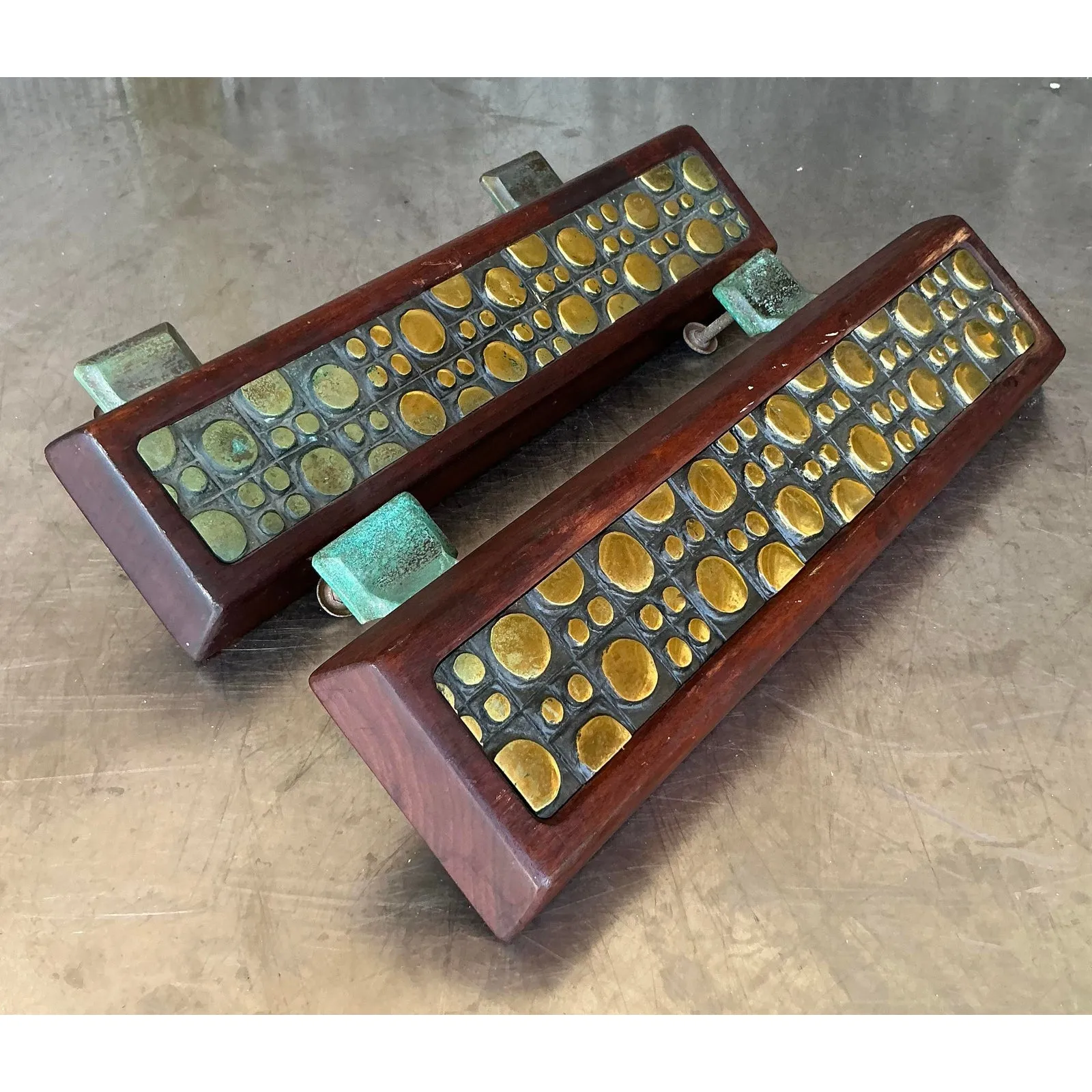 Vintage Boho Mid-Century Modern Patinated Abstract Geometric Door Pulls - a Pr — additional photo 3