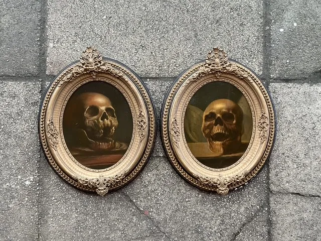 Vintage Boho Momento Mori Original Skull Oil Paintings On Board - Set Of 2