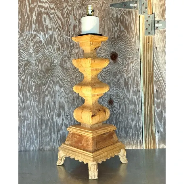 Vintage Boho Monumental Carved Pillar Lamp — additional photo 2