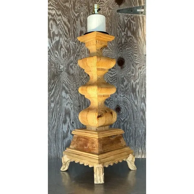 Vintage Boho Monumental Carved Pillar Lamp — additional photo 3