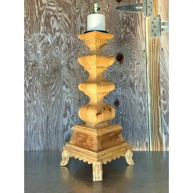Vintage Boho Monumental Carved Pillar Lamp — additional photo 5