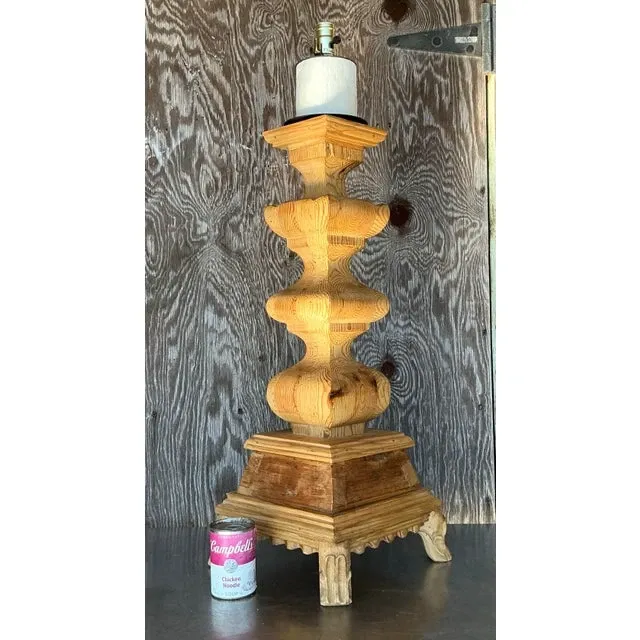 Vintage Boho Monumental Carved Pillar Lamp — additional photo 6
