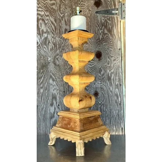 Vintage Boho Monumental Carved Pillar Lamp — additional photo 7