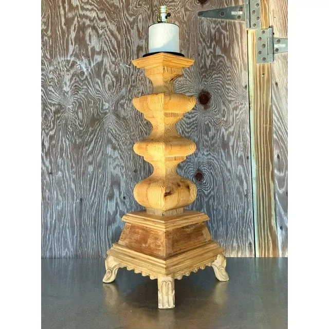 Vintage Boho Monumental Carved Pillar Lamp — additional photo 8