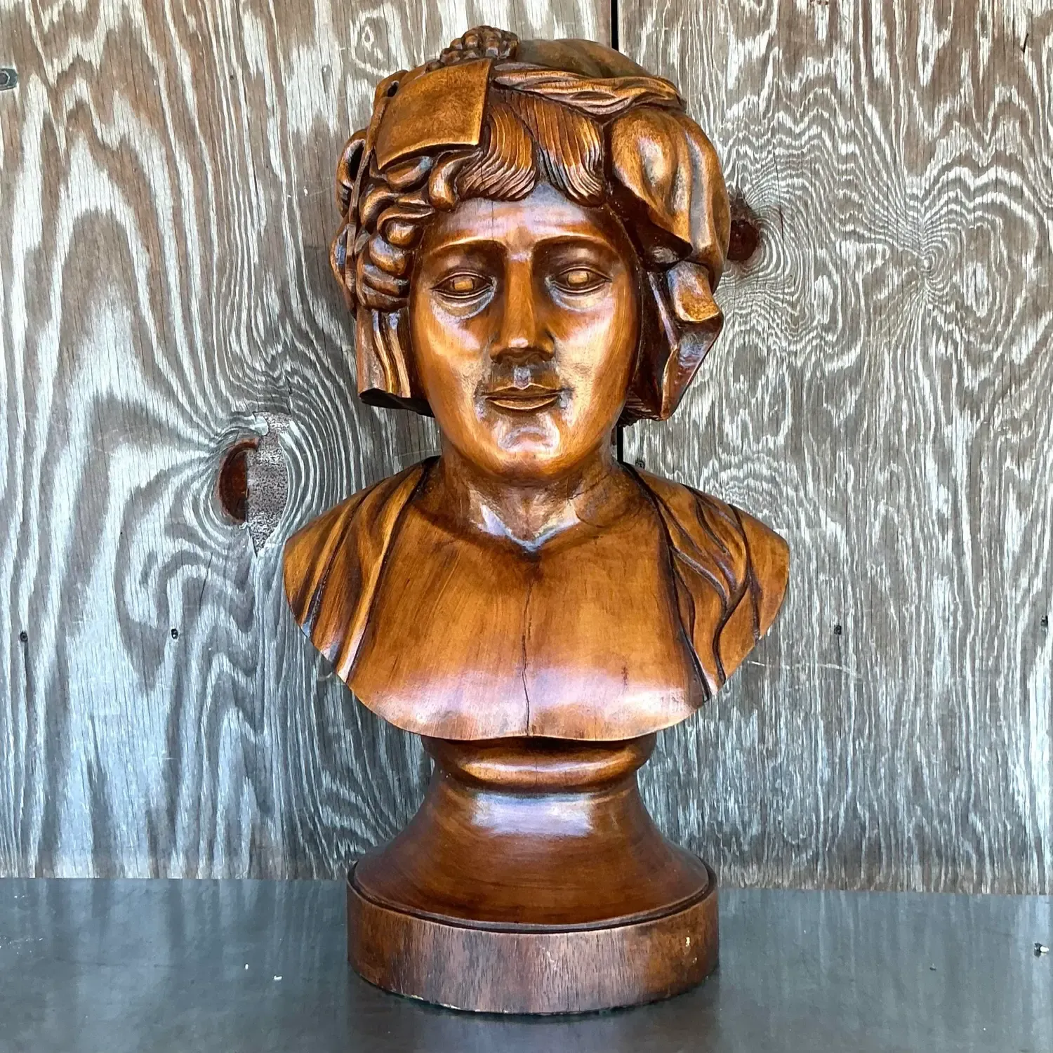 Vintage Boho Monumental Carved Wood Bust of Woman Sculpture — additional photo 1