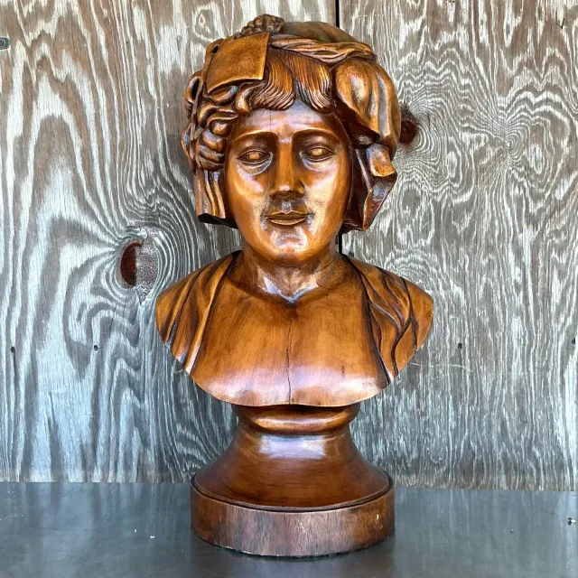 Vintage Boho Monumental Carved Wood Bust of Woman Sculpture — additional photo 1