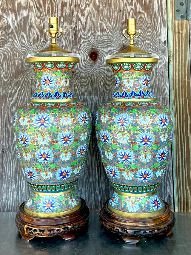 Vintage Boho Monumental Cloisonné Lamps - A Pair — additional photo 1