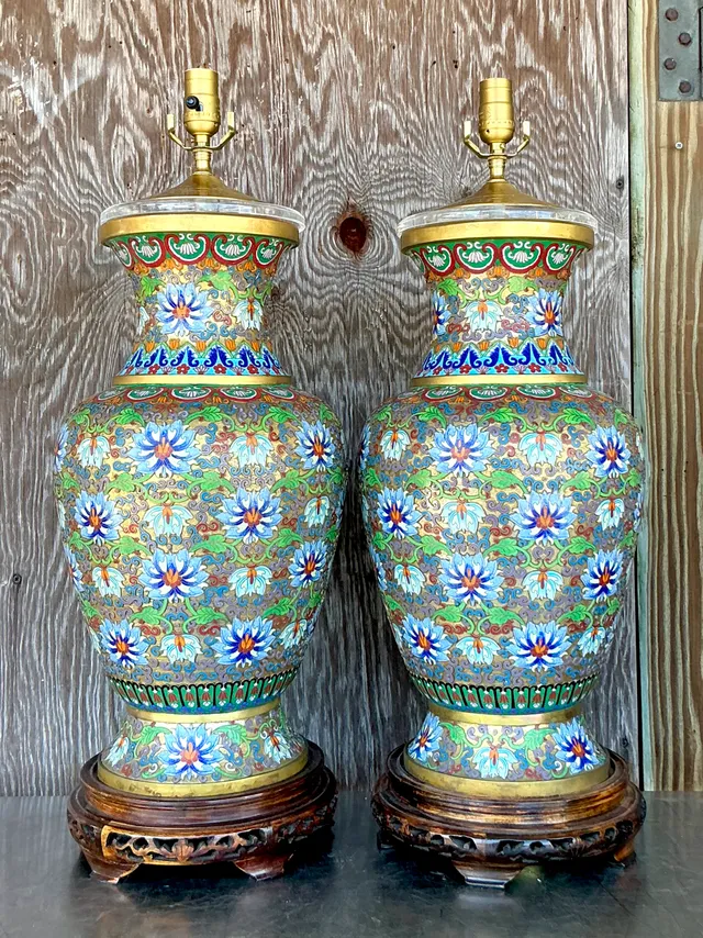 Vintage Boho Monumental Cloisonné Lamps - A Pair — additional photo 2