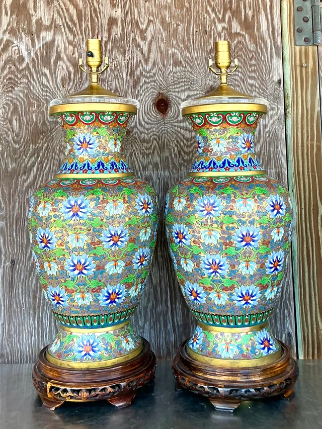 Vintage Boho Monumental Cloisonné Lamps - A Pair — additional photo 4