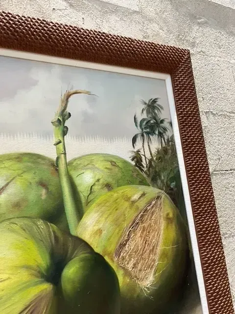 Vintage Boho Monumental Contemporary Original Oil Painting of Coconuts, Framed — additional photo 1