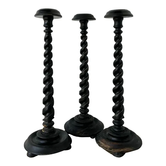 Vintage Boho Monumental Distressed Barley Twist Candlesticks - Set of 3 — additional photo 1