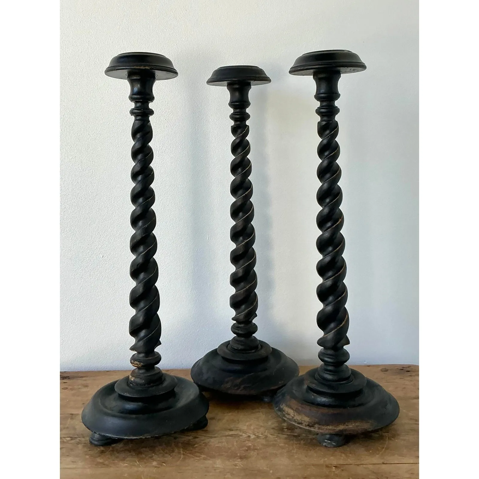 Vintage Boho Monumental Distressed Barley Twist Candlesticks - Set of 3 — additional photo 2