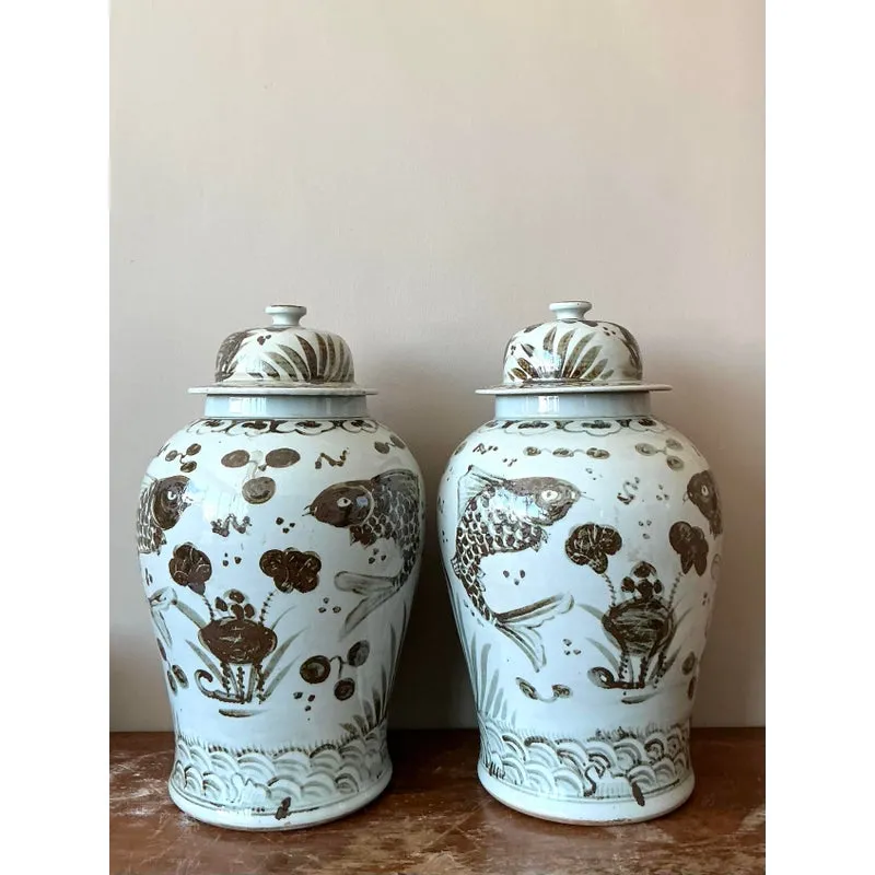 Vintage Boho Monumental Glazed Ceramic Hand Painted Urns - A Pair — additional photo 1