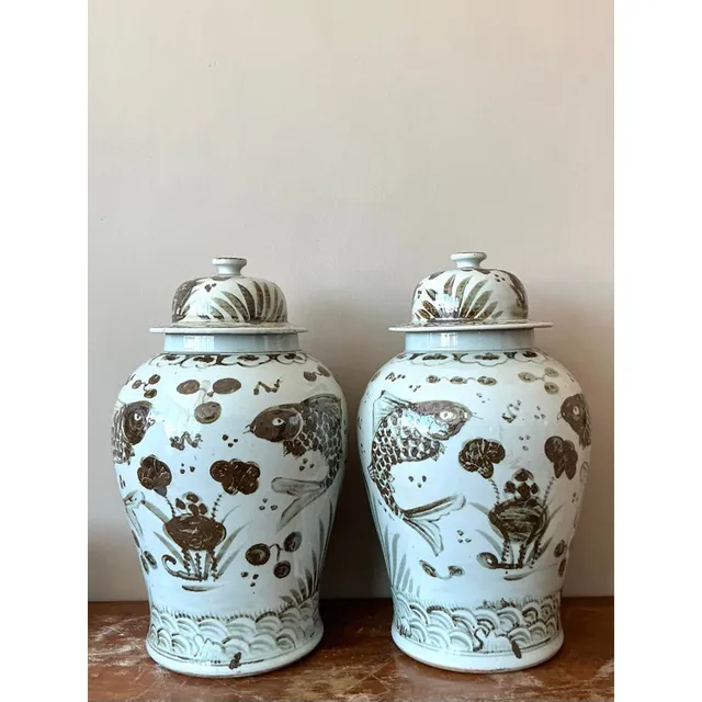 Vintage Boho Monumental Glazed Ceramic Hand Painted Urns - A Pair — additional photo 2