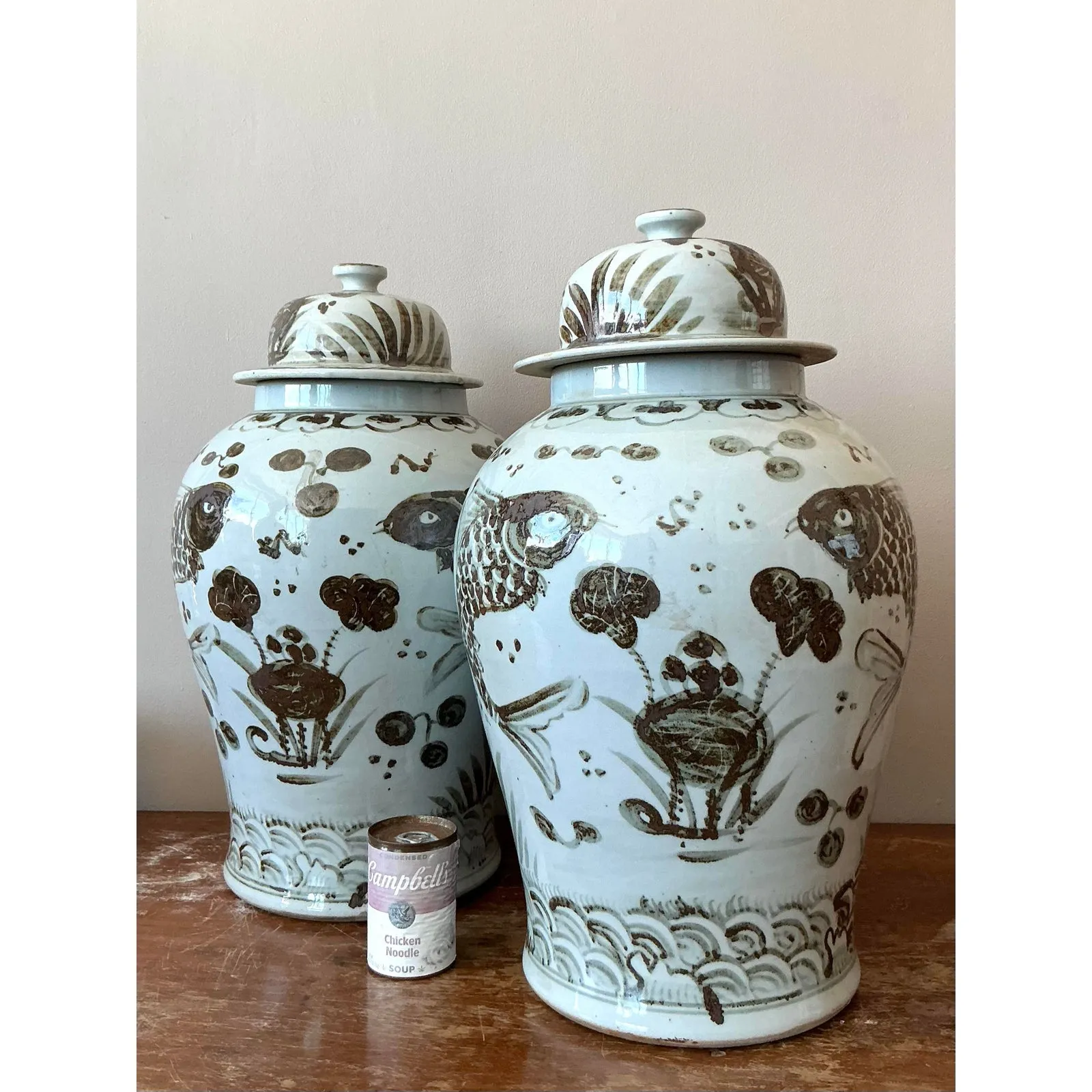 Vintage Boho Monumental Glazed Ceramic Hand Painted Urns - A Pair — additional photo 3