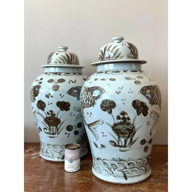 Vintage Boho Monumental Glazed Ceramic Hand Painted Urns - A Pair — additional photo 3