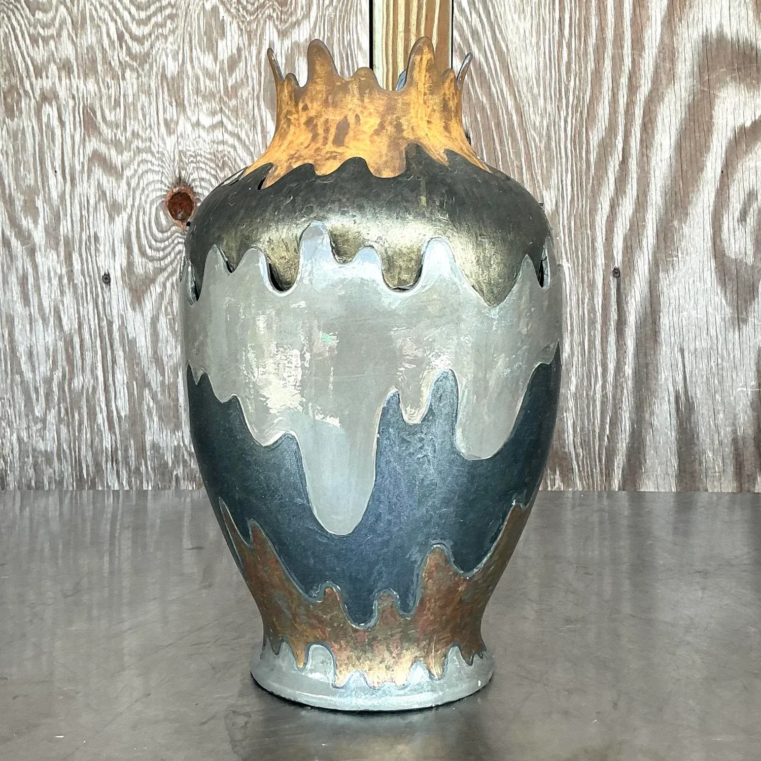 Vintage Boho Monumental Layered Ripple Ceramic Vase