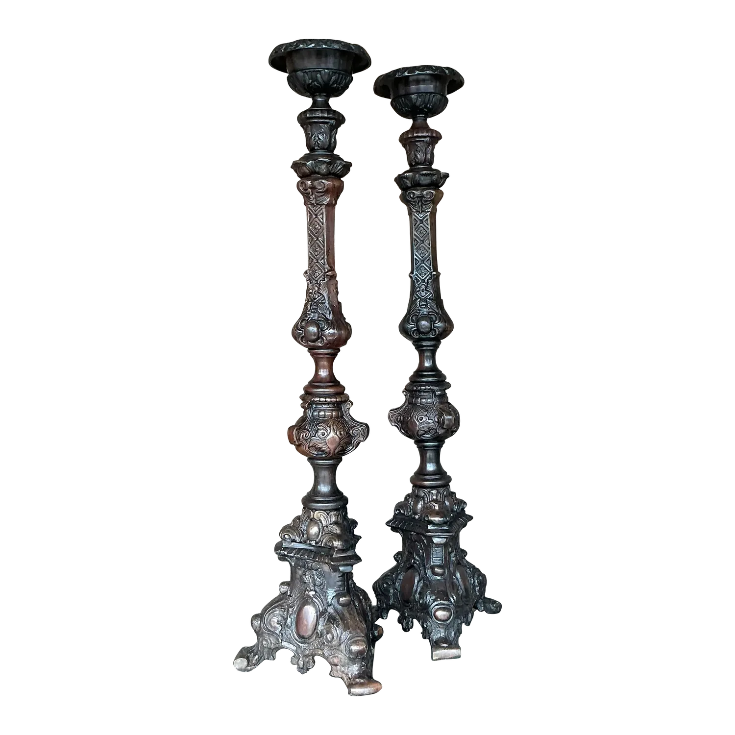 Vintage Boho Monumental Maitland-Smith Bronze Altar Candles - Set of 2