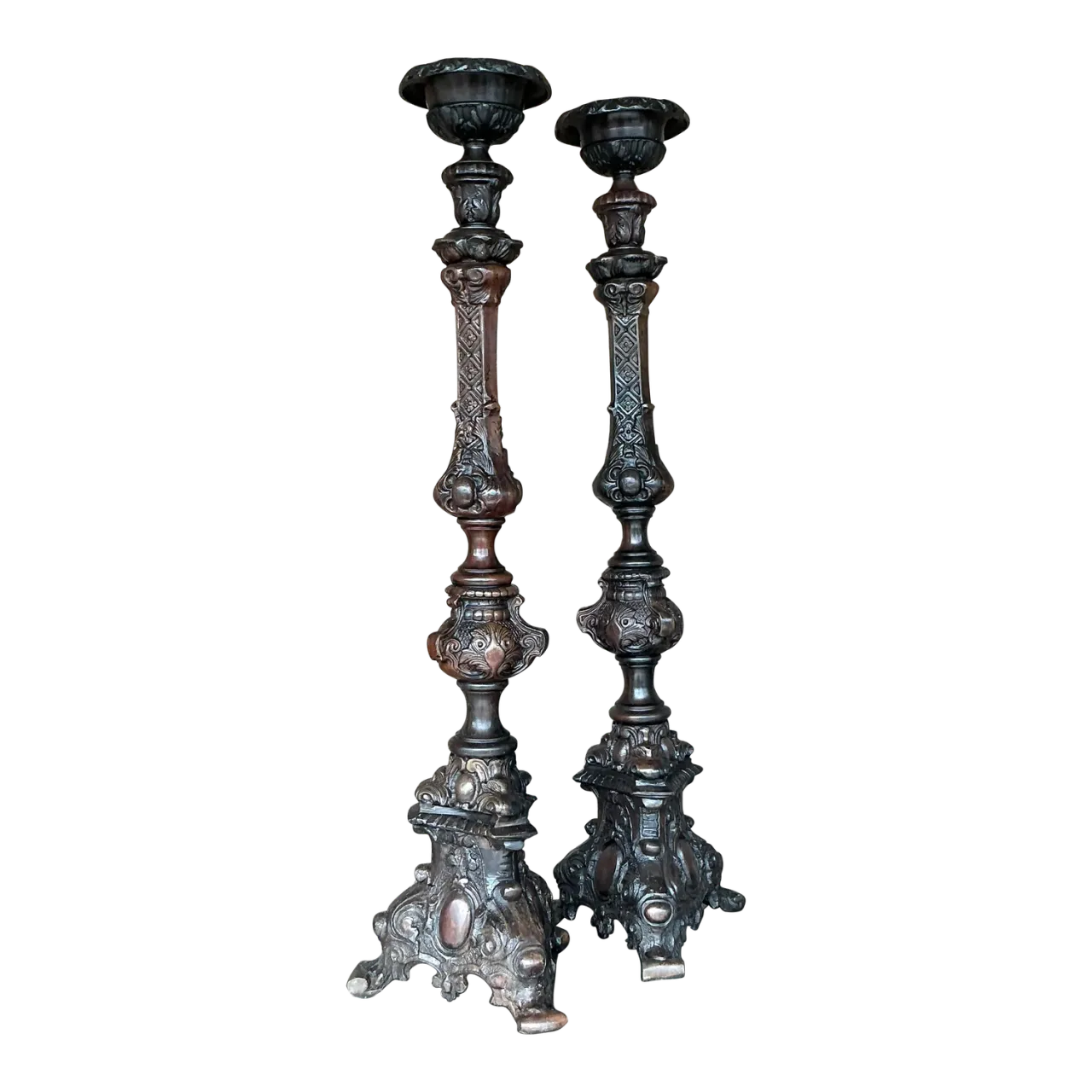 Vintage Boho Monumental Maitland-Smith Bronze Altar Candles - Set of 2