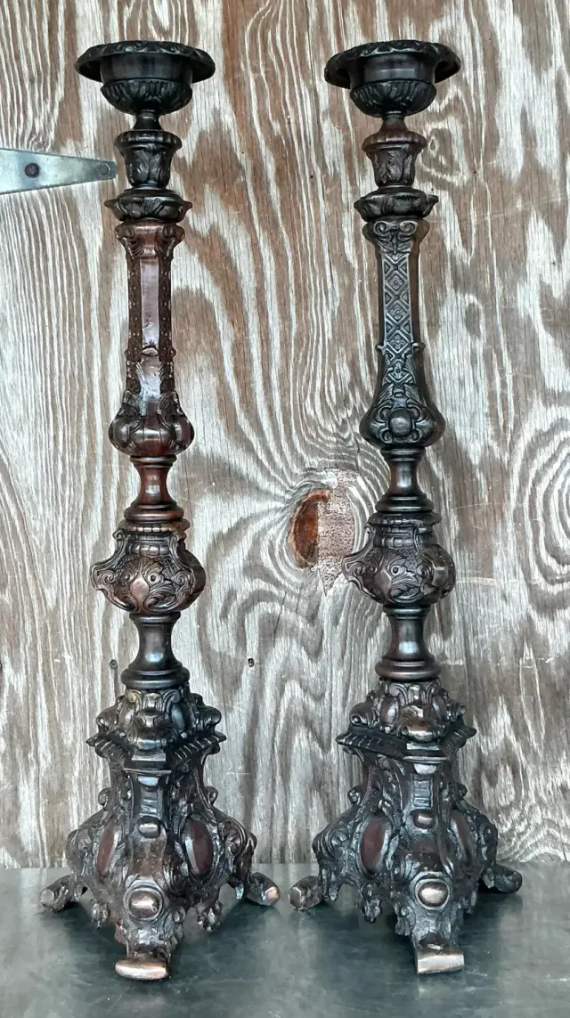 Vintage Boho Monumental Maitland-Smith Bronze Altar Candles - Set of 2 — additional photo 1