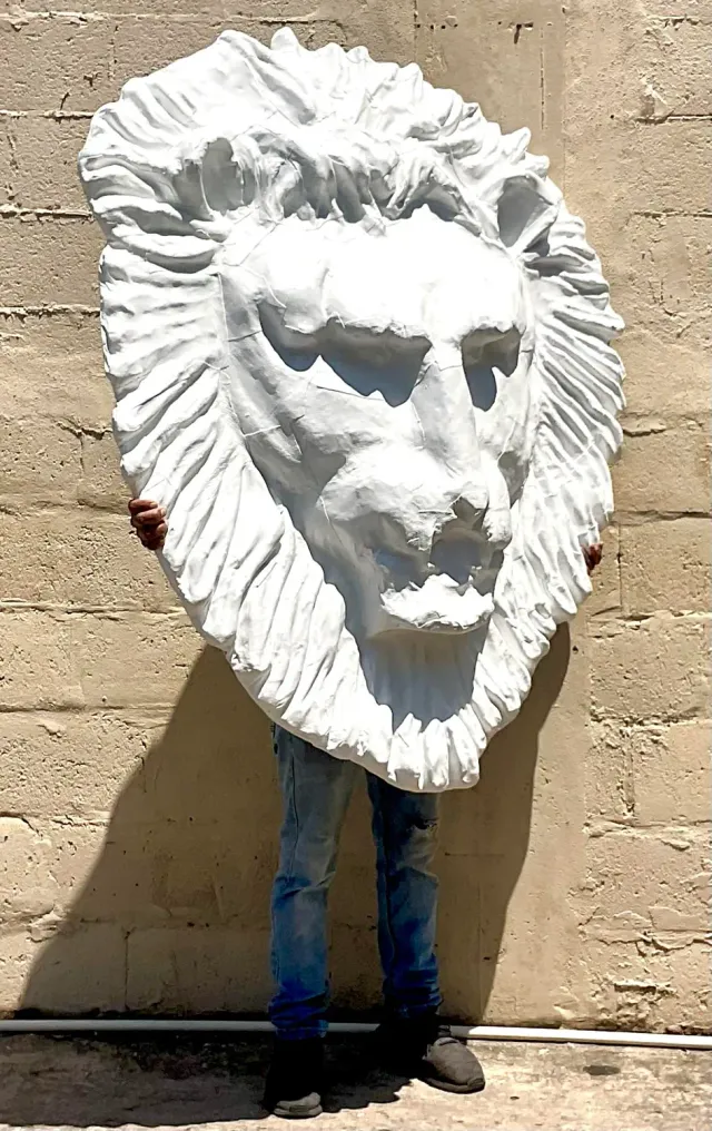 Vintage Boho Monumental Painted Leather Lions Head Wall Sculpture — additional photo 2