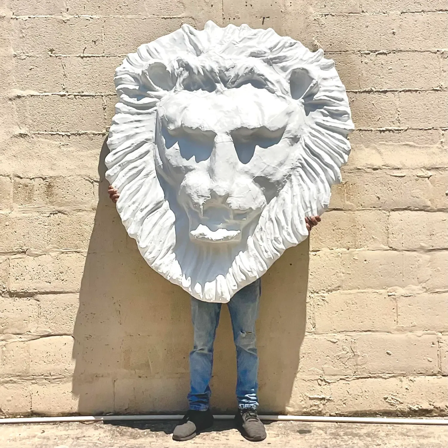 Vintage Boho Monumental Painted Leather Lions Head Wall Sculpture — additional photo 7