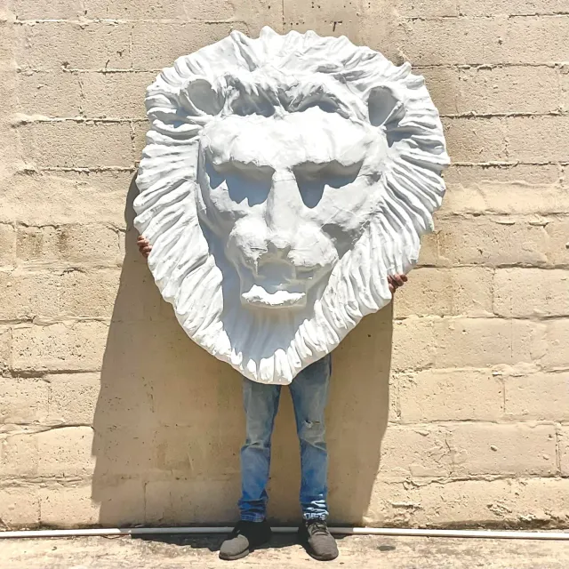 Vintage Boho Monumental Painted Leather Lions Head Wall Sculpture — additional photo 7