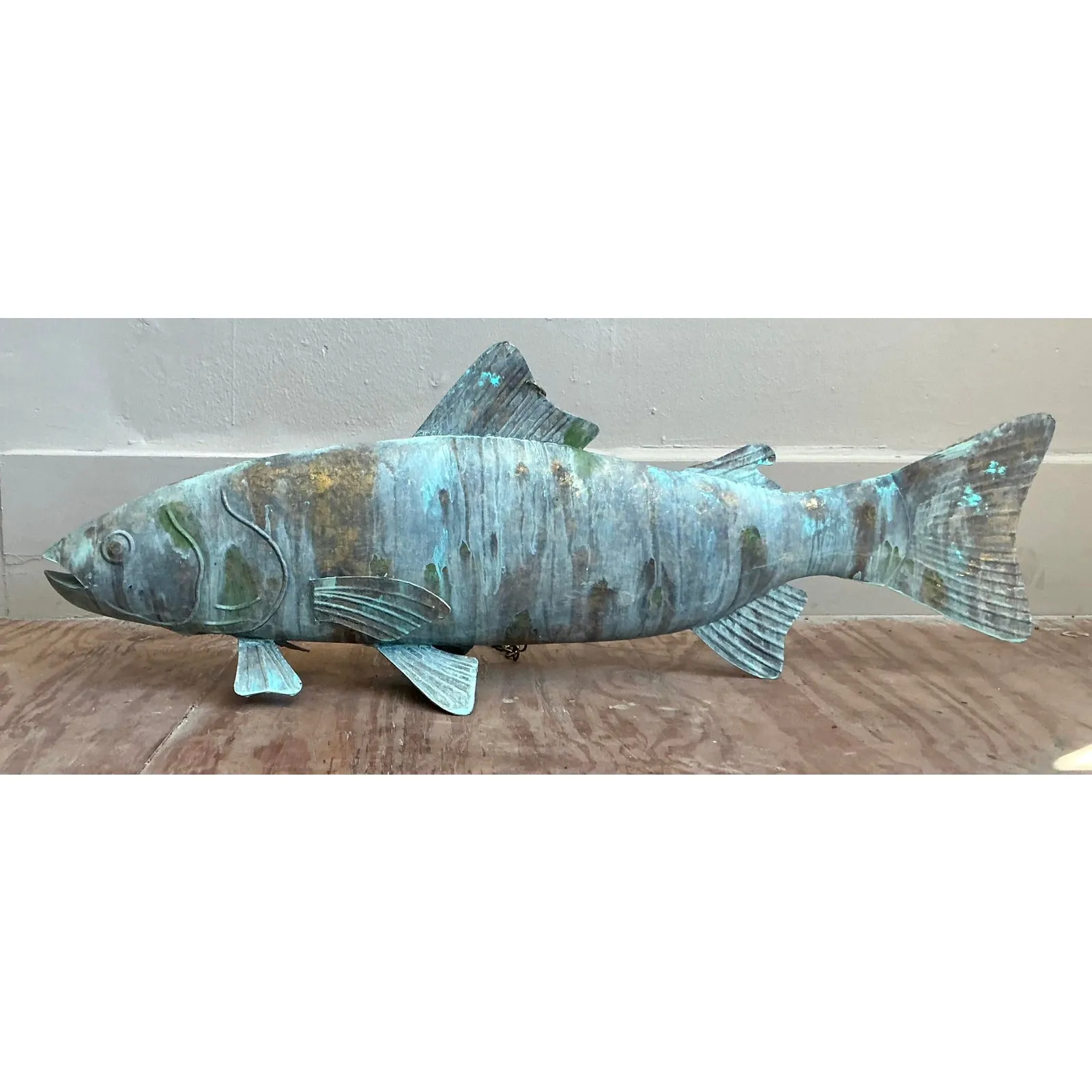 Vintage Boho Monumental Patinated Hanging Brass Fish — additional photo 2