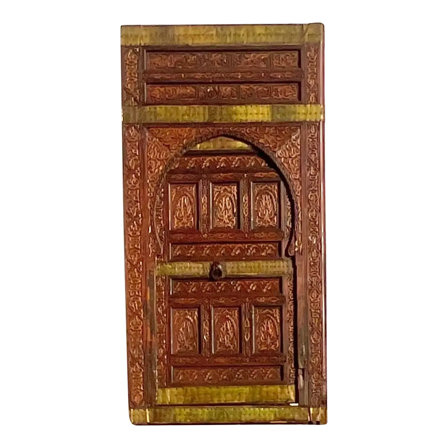 Vintage Boho Moroccan Carved Wooden Door With Brass Detail — additional photo 1