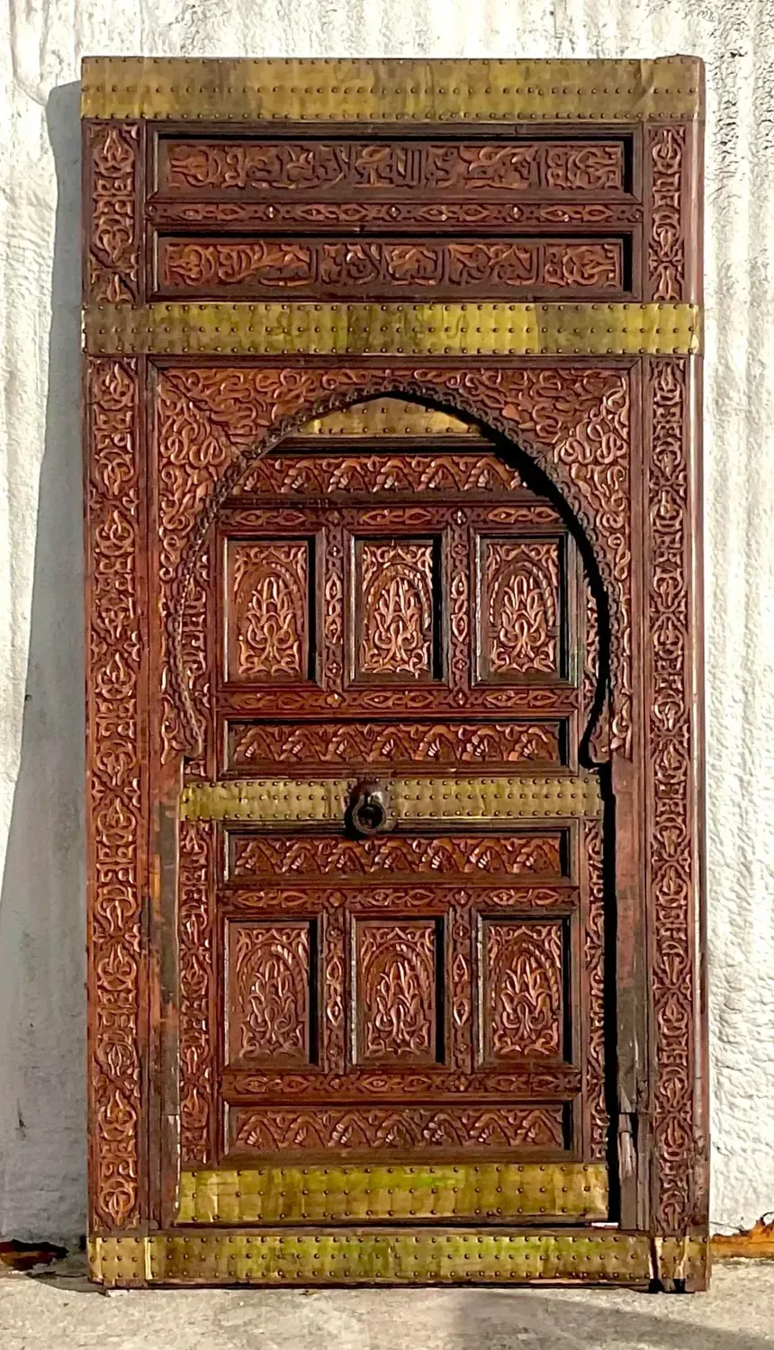 Vintage Boho Moroccan Carved Wooden Door With Brass Detail — additional photo 2