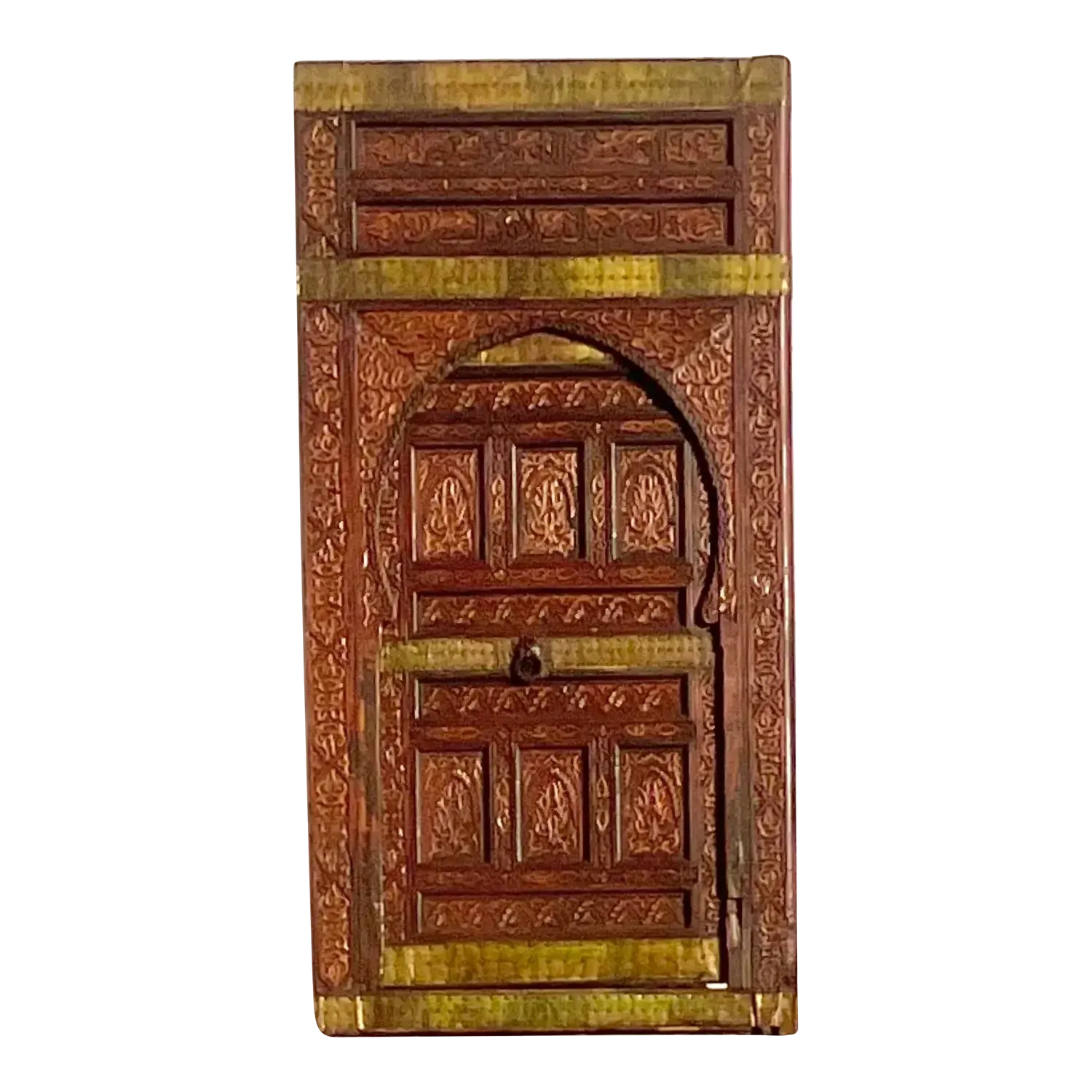Vintage Boho Moroccan Carved Wooden Door With Brass Detail — additional photo 3