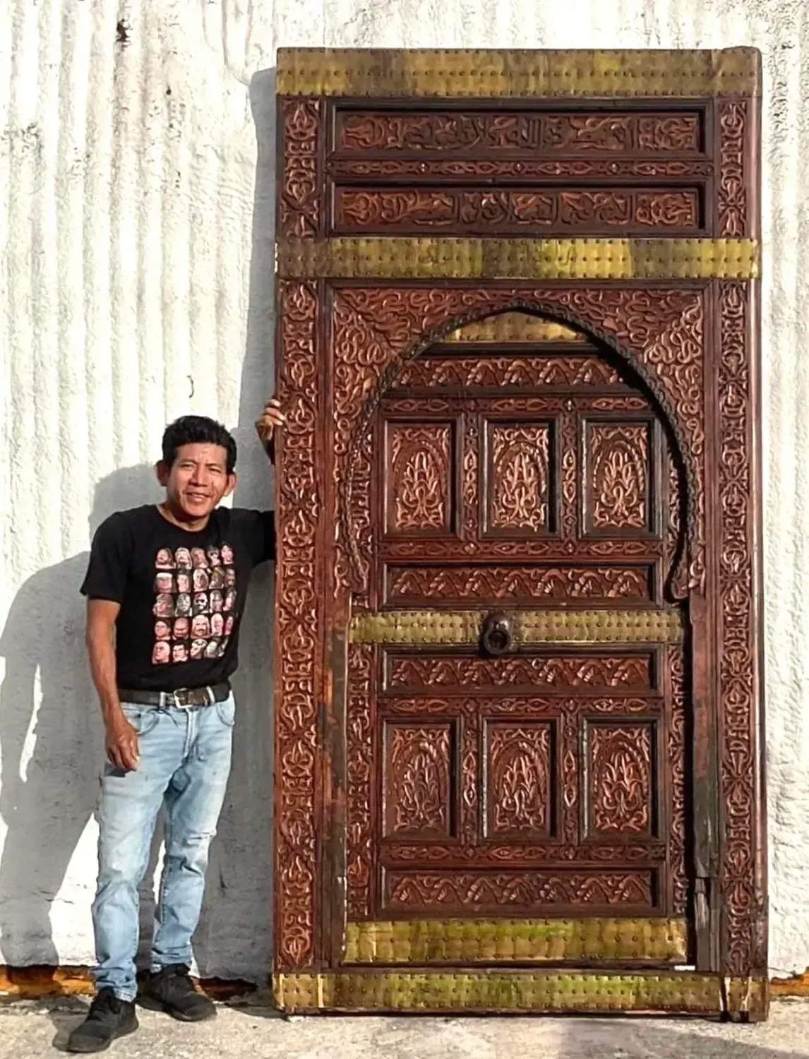 Vintage Boho Moroccan Carved Wooden Door With Brass Detail — additional photo 4