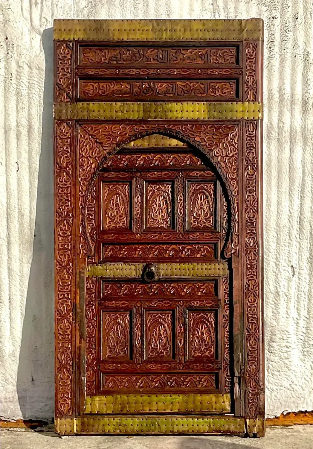 Vintage Boho Moroccan Carved Wooden Door With Brass Detail — additional photo 5