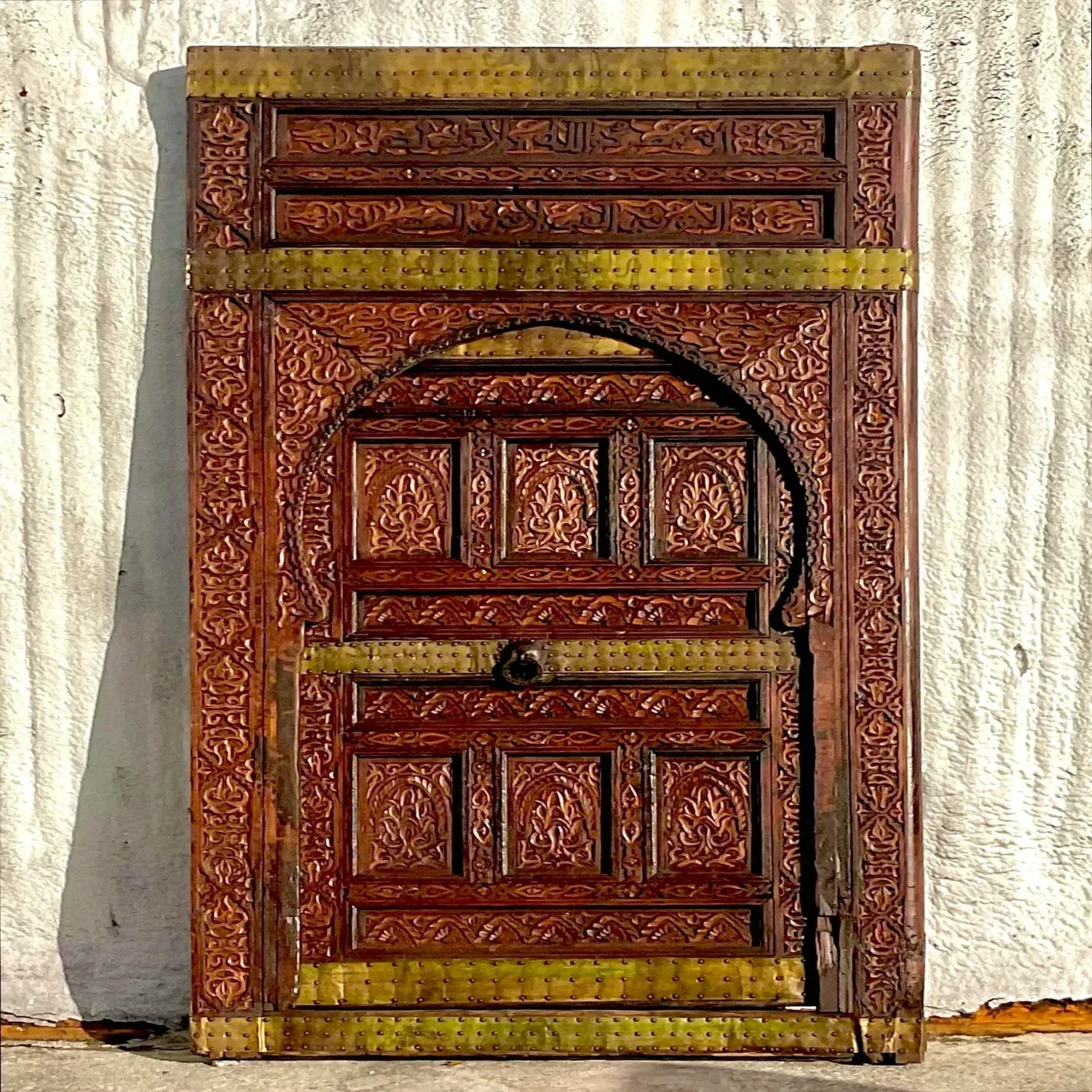 Vintage Boho Moroccan Carved Wooden Door With Brass Detail — additional photo 7