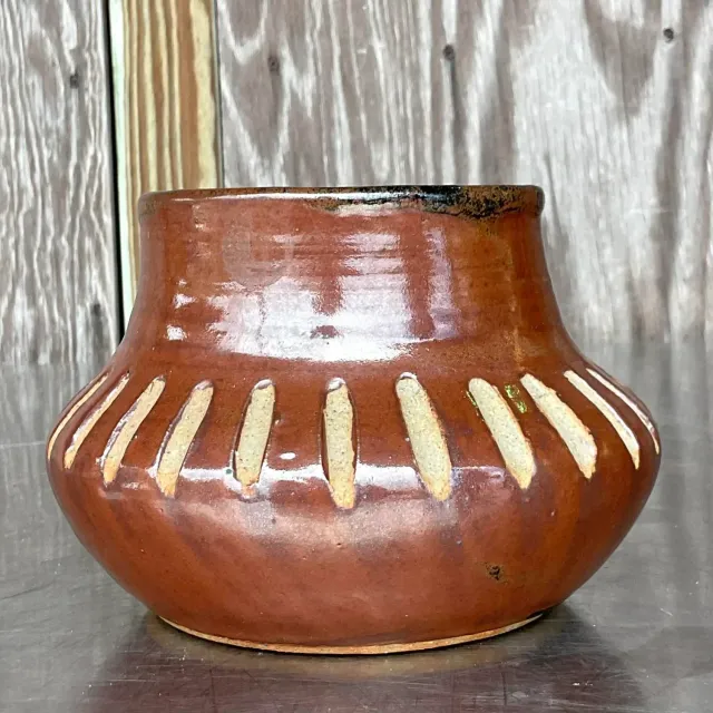 Vintage Boho Notched Studio Pottery Vase — additional photo 5