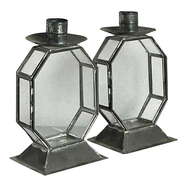 Vintage Boho Octagon Glass Case Candlesticks - A Pair — additional photo 1