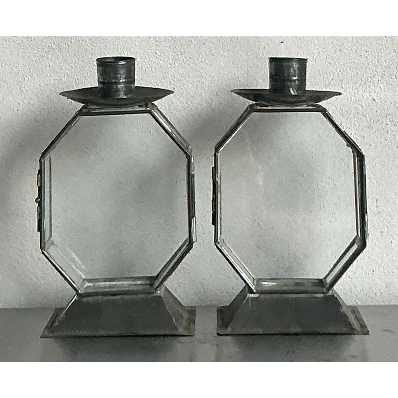 Vintage Boho Octagon Glass Case Candlesticks - A Pair — additional photo 2