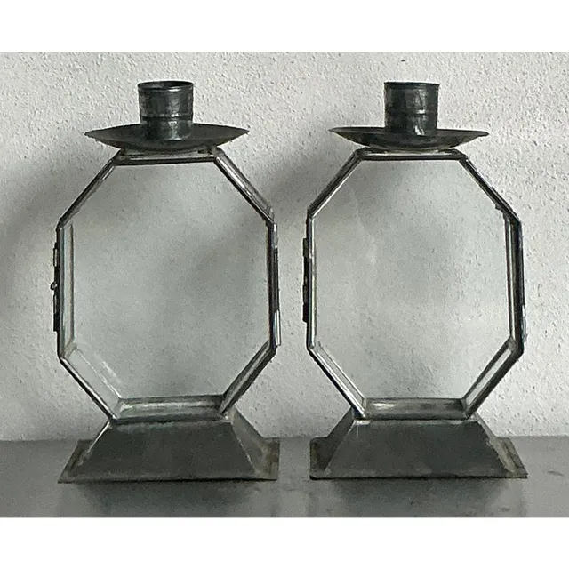 Vintage Boho Octagon Glass Case Candlesticks - A Pair — additional photo 2