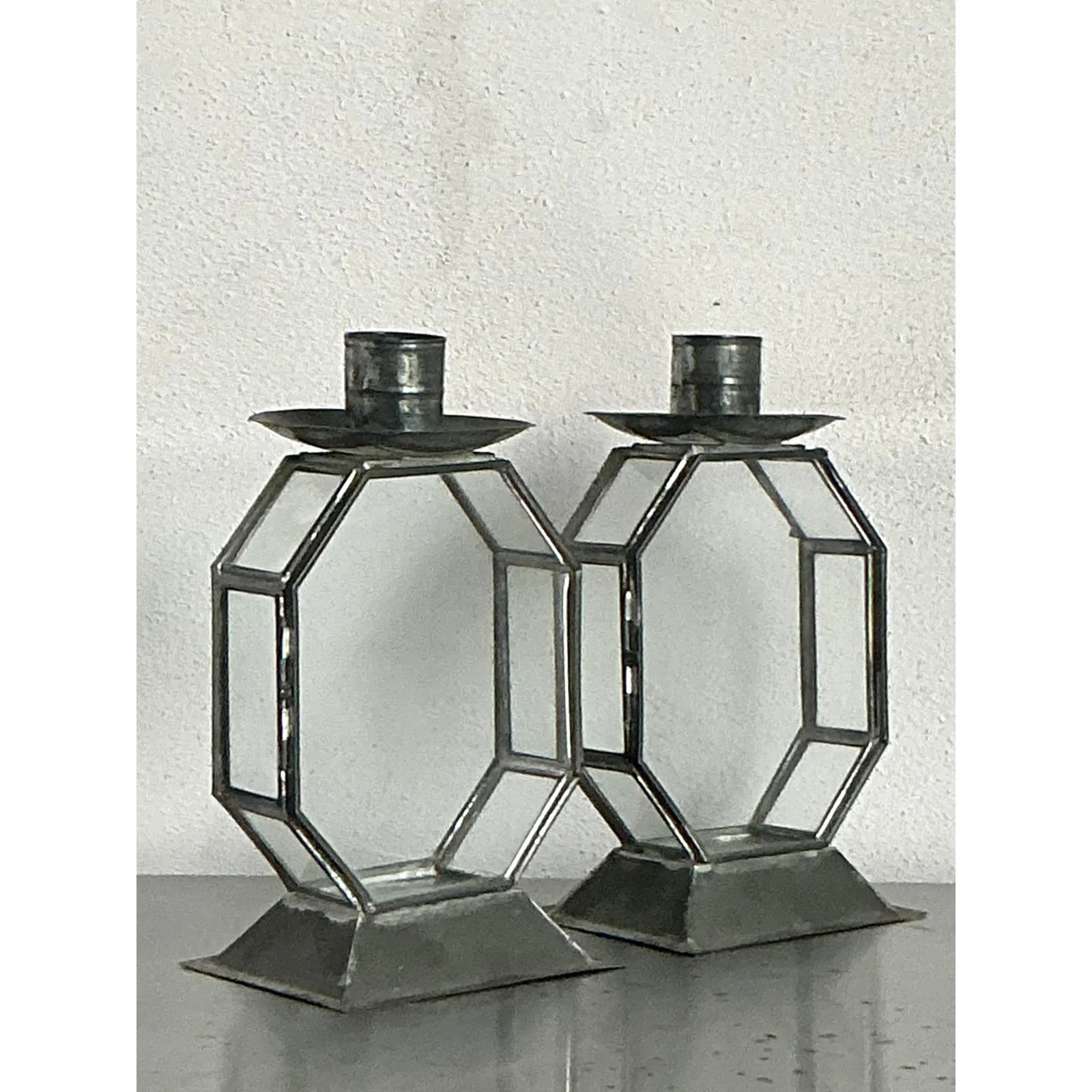 Vintage Boho Octagon Glass Case Candlesticks - A Pair — additional photo 3