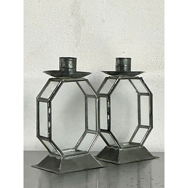 Vintage Boho Octagon Glass Case Candlesticks - A Pair — additional photo 3