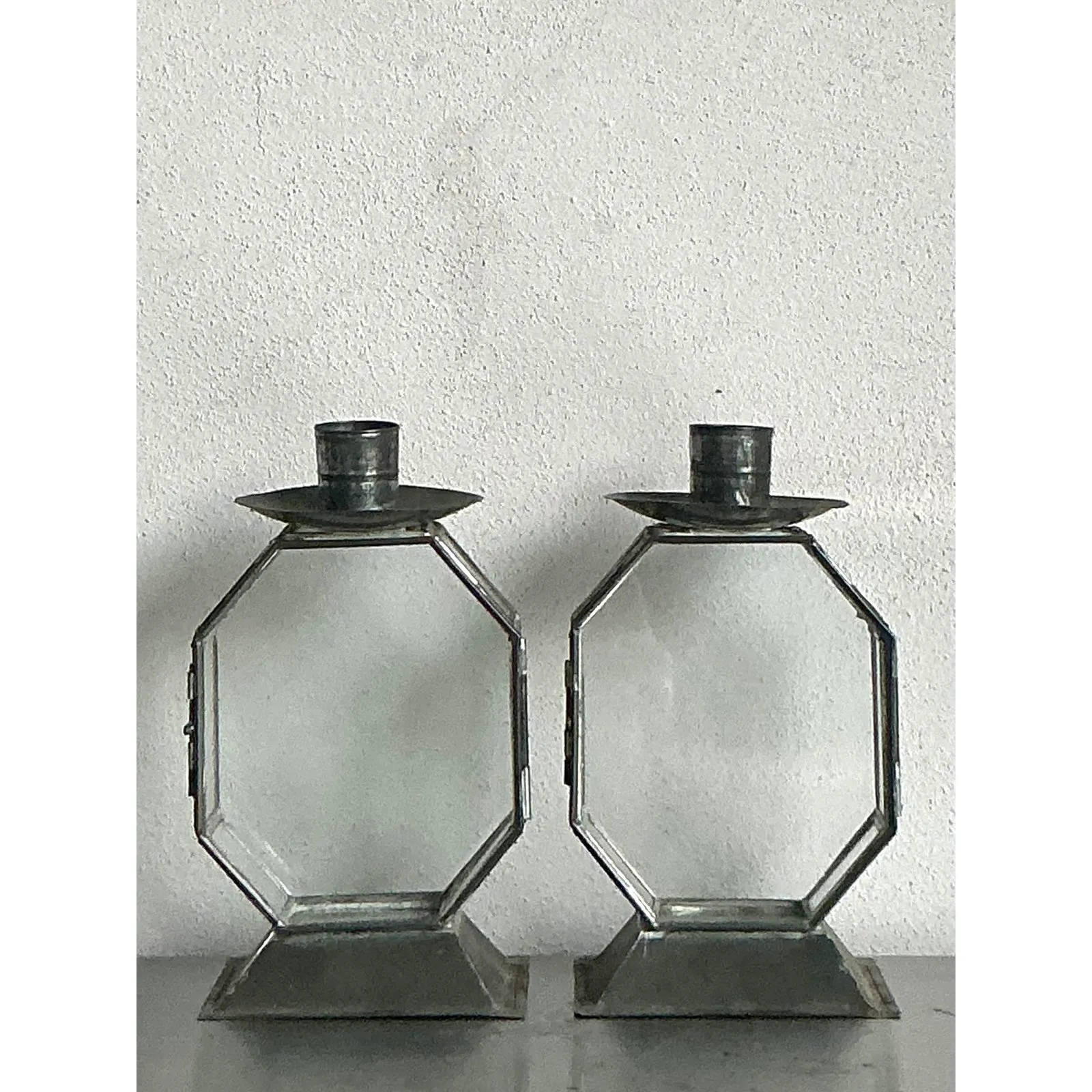 Vintage Boho Octagon Glass Case Candlesticks - A Pair — additional photo 4