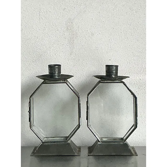 Vintage Boho Octagon Glass Case Candlesticks - A Pair — additional photo 4